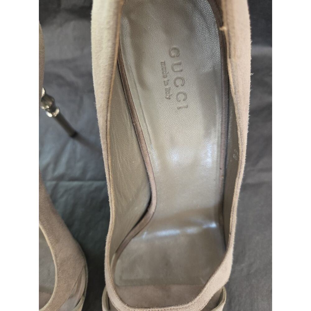 Gucci Gray Suede Silver Bamboo Heels Stilettos Sz 36.5 Open Toe Pumps Party Glam - Picture 11 of 12